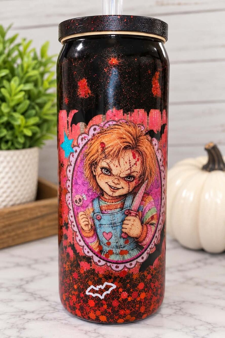 Horror Doll Wanna Play 20oz Glass Resin Tumbler Handmade Halloween New